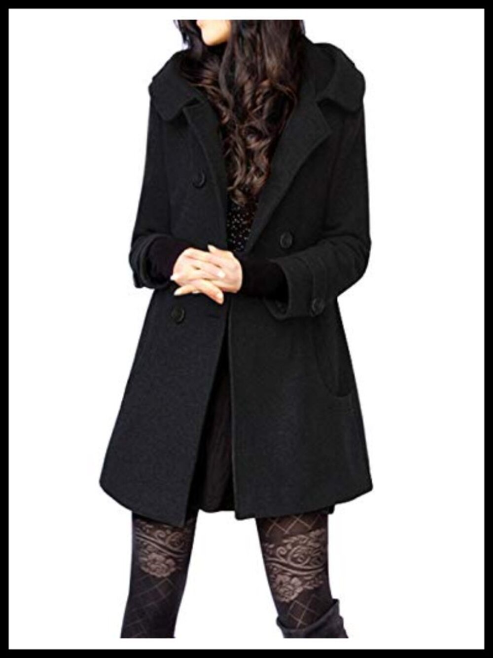 Wool Blend Hooded Peacoat Mid Length Double Breasted Winter Coat